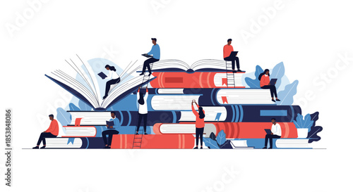 Diverse students engrossed in reading and learning on a massive stack of textbooks, symbolizing education, knowledge, and collaborative study.