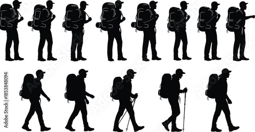 Hiking motion silhouette vector set, backpack trekking poses with walking sticks, black human figure design for outdoor activity