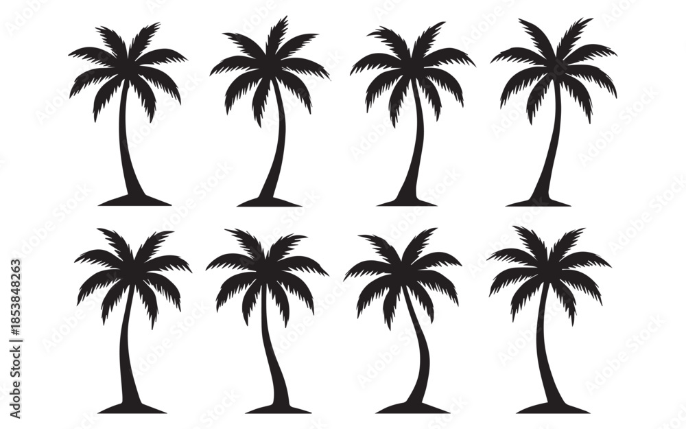 Fototapeta premium Collection of eight black palm tree silhouettes isolated on a white background