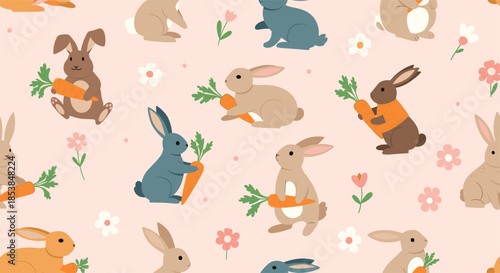 Adorable seamless pattern featuring cute cartoon bunnies with carrots and delicate flowers scattered on a charming pink background, perfect for kids.