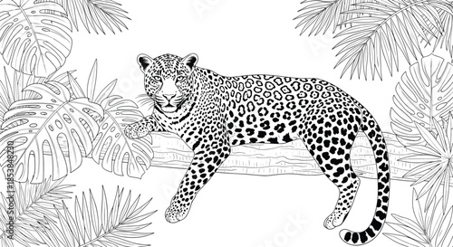 Exquisite black and white outline illustration of a majestic leopard resting gracefully on a tree branch surrounded by lush tropical foliage.