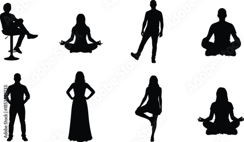 Human posture silhouette vector set, seated and standing yoga meditation poses, black figure design for wellness and mindfulness
