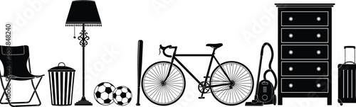 Household and recreational item silhouette vector set, black icons of furniture, sports gear, travel and cleaning equipment design