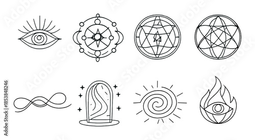 Mystical symbols: eye, mandala, infinity, portal, spiral, fire