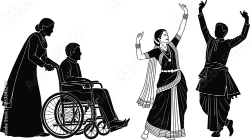 Inclusive cultural vector illustration, wheelchair support and traditional dance silhouettes, diverse people in black and white design set
