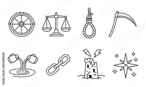 Medieval symbols: justice, fate, and bravery – scales, rope, scythe, castle