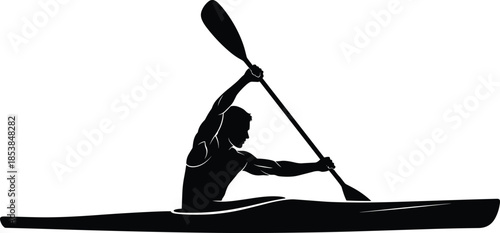 Kayak silhouette, paddling person, water sport, outdoor activity, adventure design, fitness art, boating illustration, dynamic motion, racing kayak
