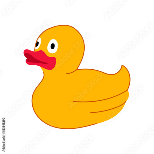Yellow rubber duck illustration with a red beak and white eyes, representing child's play, bath time fun, and hygiene concepts in a simple, playful style