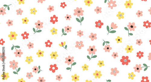 Cheerful seamless pattern bursting with numerous small, brightly colored flowers in delightful shades of red, yellow, and pink, playfully scattered across a clean white background.