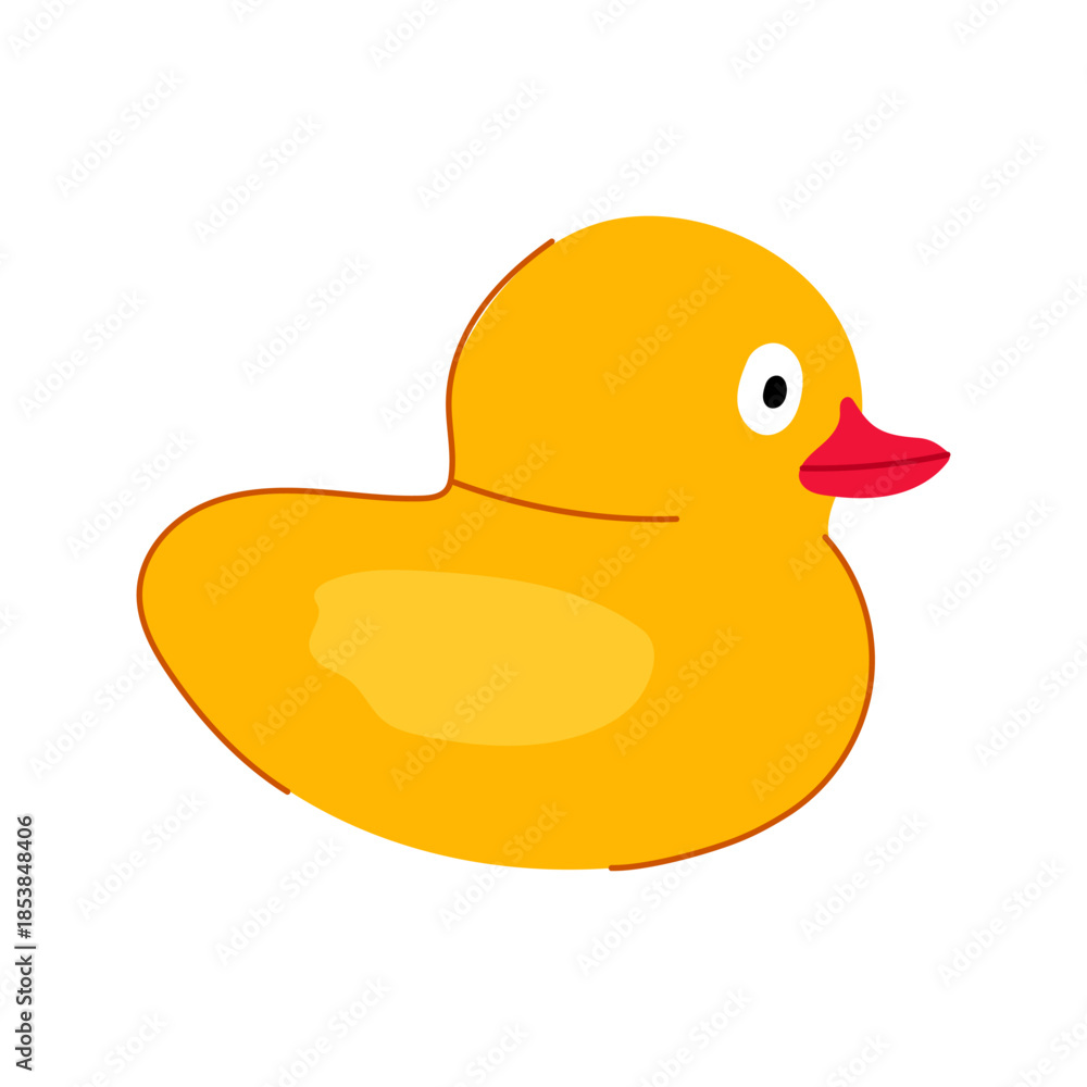 Fototapeta premium Yellow rubber duck toy presented as a simple cartoon illustration on a white background, representing childhood, hygiene, and playful fun in bath time for children