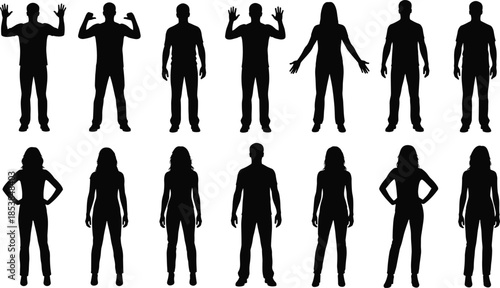 Standing human pose silhouette vector set, black male and female figures with dynamic and relaxed gestures for design use