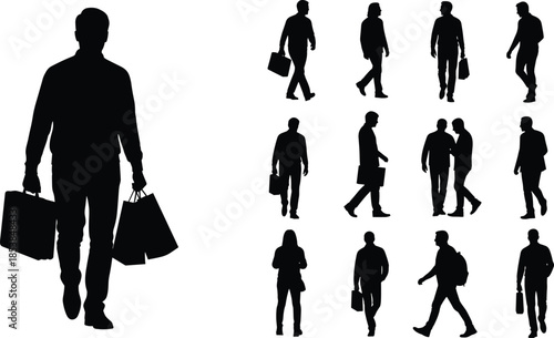 Walking silhouette vector set, black human figures carrying shopping bags, briefcases, backpacks, handbags in motion and interaction design