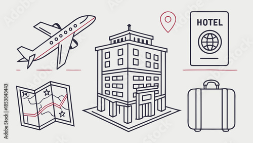 Travel & tourism icons – airplane, hotel, passport, map, luggage, clean line vector