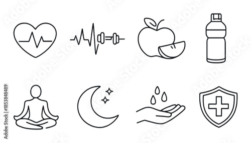 Health and wellness icons: heart, fitness, nutrition, hydration, meditation, sleep, care