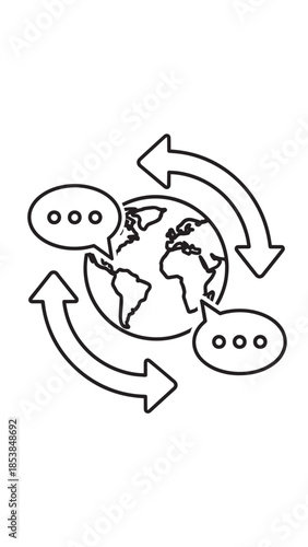 Global communication network with interconnected speech bubbles and arrows around the Earth.