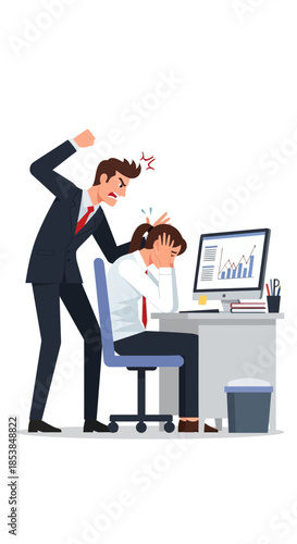 Angry Boss Scolding Employee at Desk in Office.