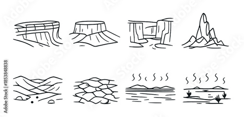 Minimalist line drawings of various landscapes on grey background