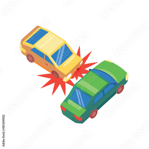 Isometric illustration depicting a yellow and green car collision with bright red impact stars on white background