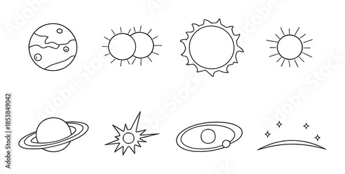 Celestial outlines: planets, stars, and stellar phenomena in monochrome