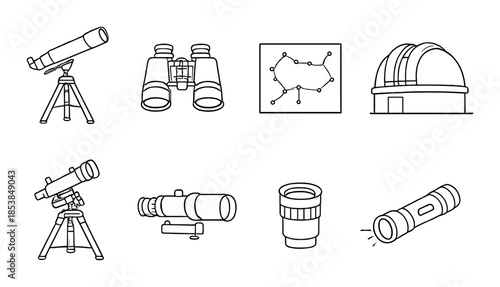 Astronomy tools icons: telescope, binoculars, star map, observatory