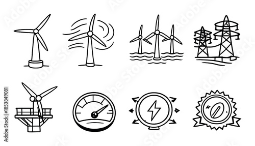 Wind turbine energy icons: sustainable power and renewable energy symbols