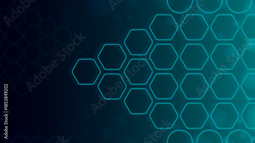 Abstract technology background with glowing blue hexagons and digital network grid, Futuristic digital data connection with concentric circles and high-tech blue glow, Modern cyber security background