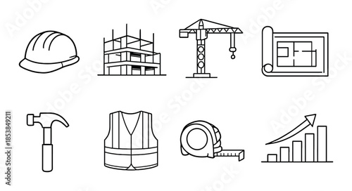 Construction icons: hard hat, building, crane, blueprint, hammer, vest, tape measure, graph