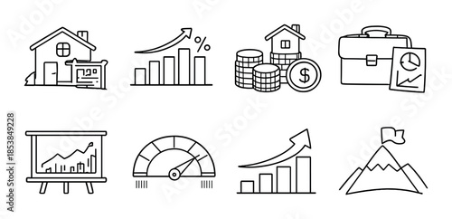 Business growth icons: house, graph, money, suitcase, presentation, speedometer, mountain