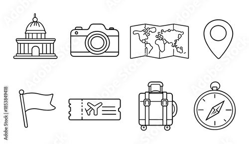 Travel icons set featuring camera, map, luggage, compass, and more