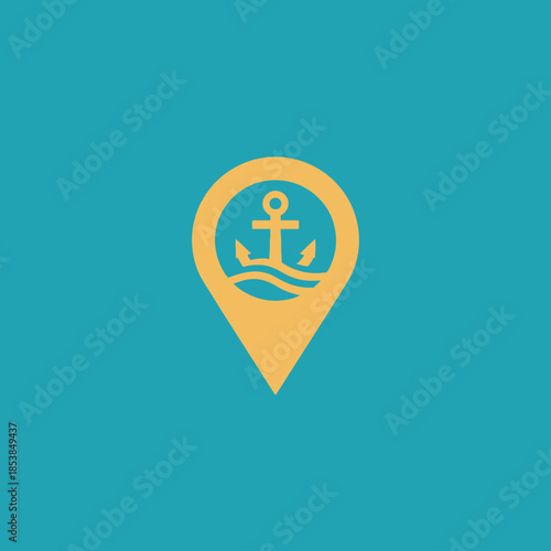 Nautical Location Pin Icon with Anchor and Waves.