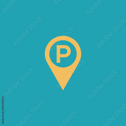 Orange Parking Pin Icon on Teal Background.