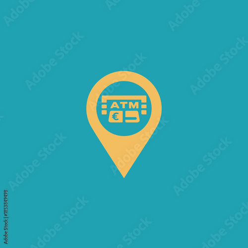 ATM location pin icon with euro symbol and bank machine illustration.