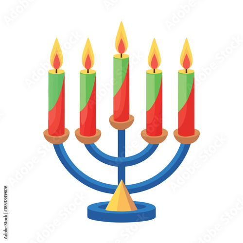 Five brightly burning holiday candles in red and green colors set upon a blue candelabra base