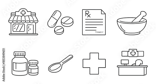 Pharmacy icons – medicine, prescription, healthcare symbols on gradient background