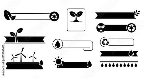 Vector set of ecological headers and label templates with copy space. Black frames featuring leaf, recycle loop, wind turbine and water drop icons.