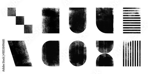 Set of grunge post stamps, geometric shapes with ink roller texture, rectangle, square, oval. Letterpress vintage forms, linocut elements vector illustration isolated on transparent background