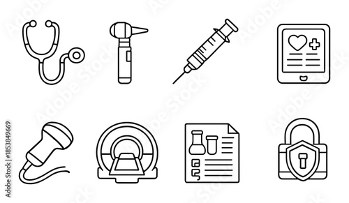 Medical equipment icons: stethoscope, otoscope, syringe, tablet, ultrasound, mri, report, security