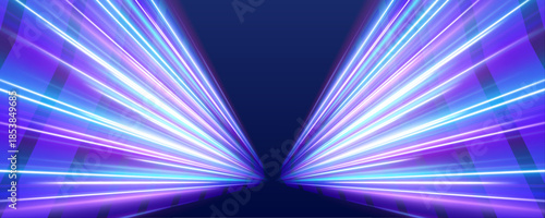 Electric blue and purple streaks spiral along dark urban grids. Neon glow highlights rapid motion. Perfect for cyberpunk and high-tech visuals.