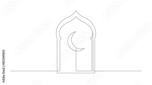 Islamic Crescent Moon and Archway One Line Drawing - Ramadan and Eid Concept