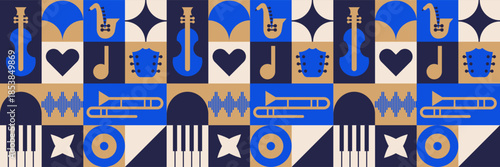Modern fest background with jazz mosaic and geometric music pattern.