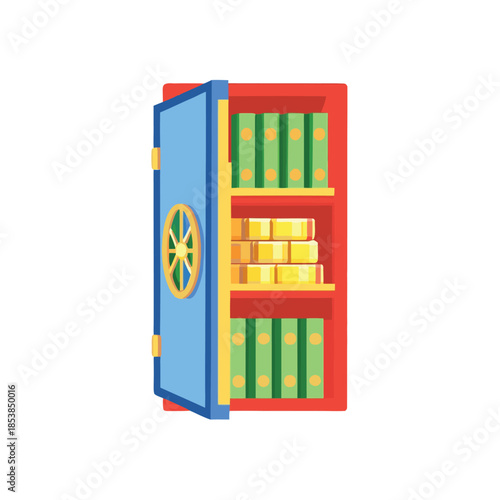 Open cartoon safe filled with stacks of gold bars and bundles of cash money illustration