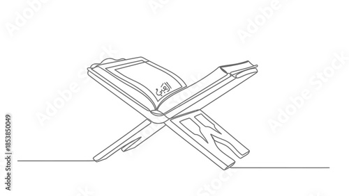 Islamic Holy Book Quran on a Wooden Stand, Continuous Line Art