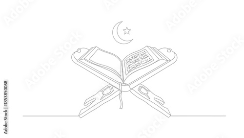 Islamic Holy Book Quran on Stand with Crescent Moon and Star - Minimalist Line Art