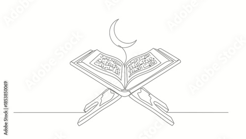 Islamic Holy Book Quran on Stand with Crescent Moon Line Art
