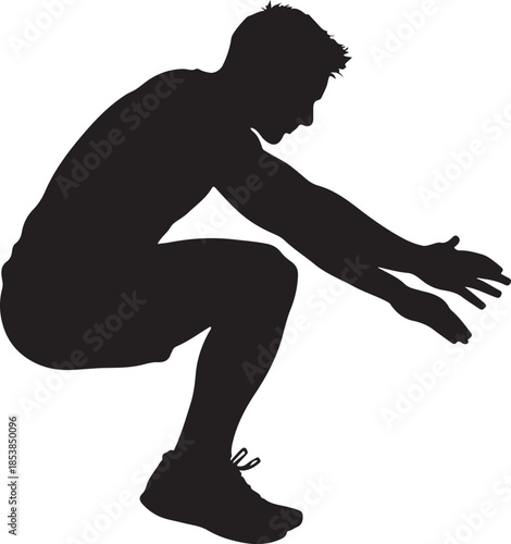 Man Silhouette Performing Deep Squat or Landing Pose - Athletic Fitness Icon Isolated on White