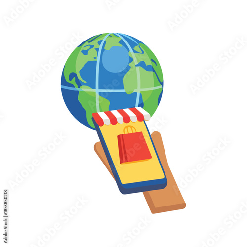 Global mobile commerce concept showing a hand holding a smartphone with an online store and the earth in the background