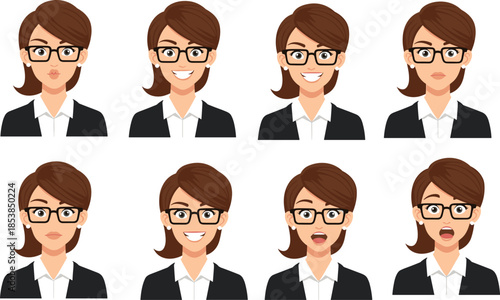 Businesswoman avatar expressions set, professional female face emotions, office character portrait collection, flat vector illustration isolated white background