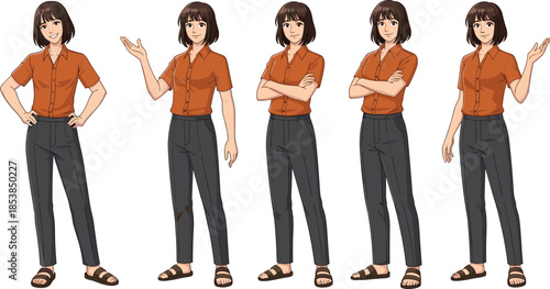 Casual female character set, young woman poses and gestures, everyday lifestyle outfit, modern cartoon illustration, flat vector isolated