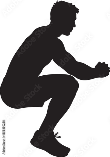 Male Fitness Silhouette Doing Squat Exercise Isolated on White Background

