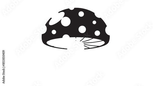 Monochrome illustration of a spotted mushroom with a dark stem on a white background.